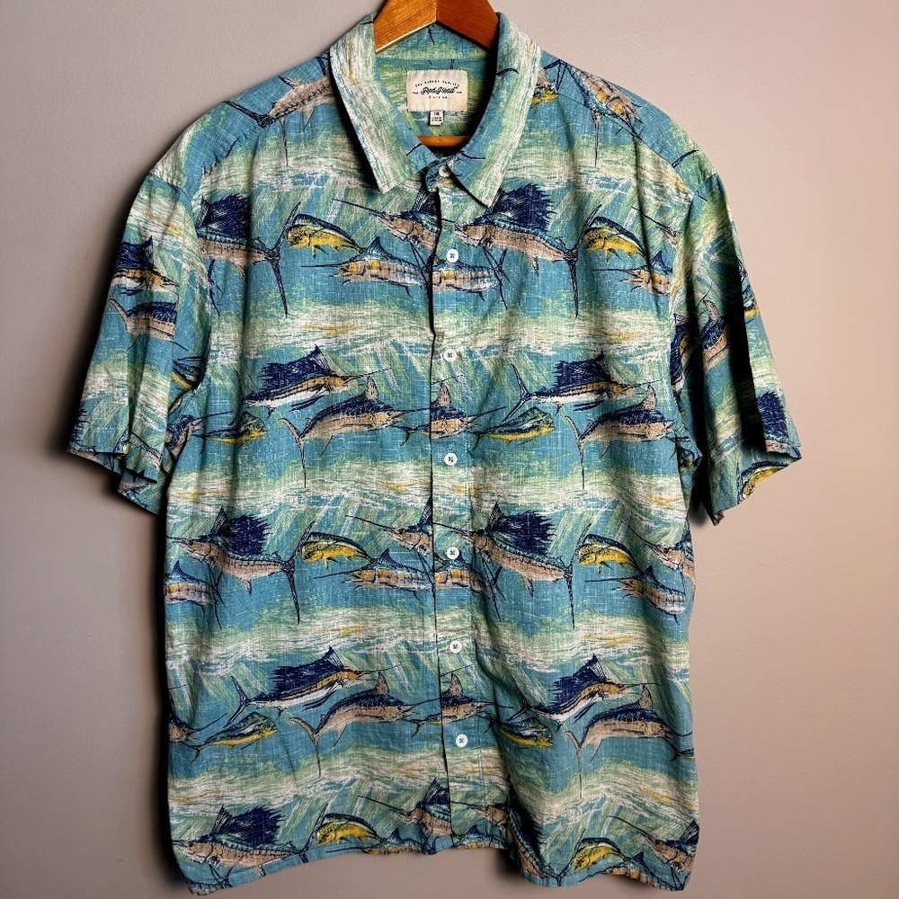 RedHead Mens Short Sleeve Allover FISH Print Button Up Cotton Shirt Size 2XL